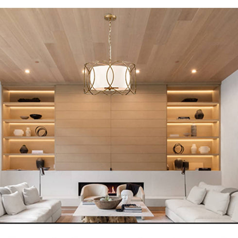 Modern Drum Chandelier Brass Fabric 3-Light Dining Room Pendant